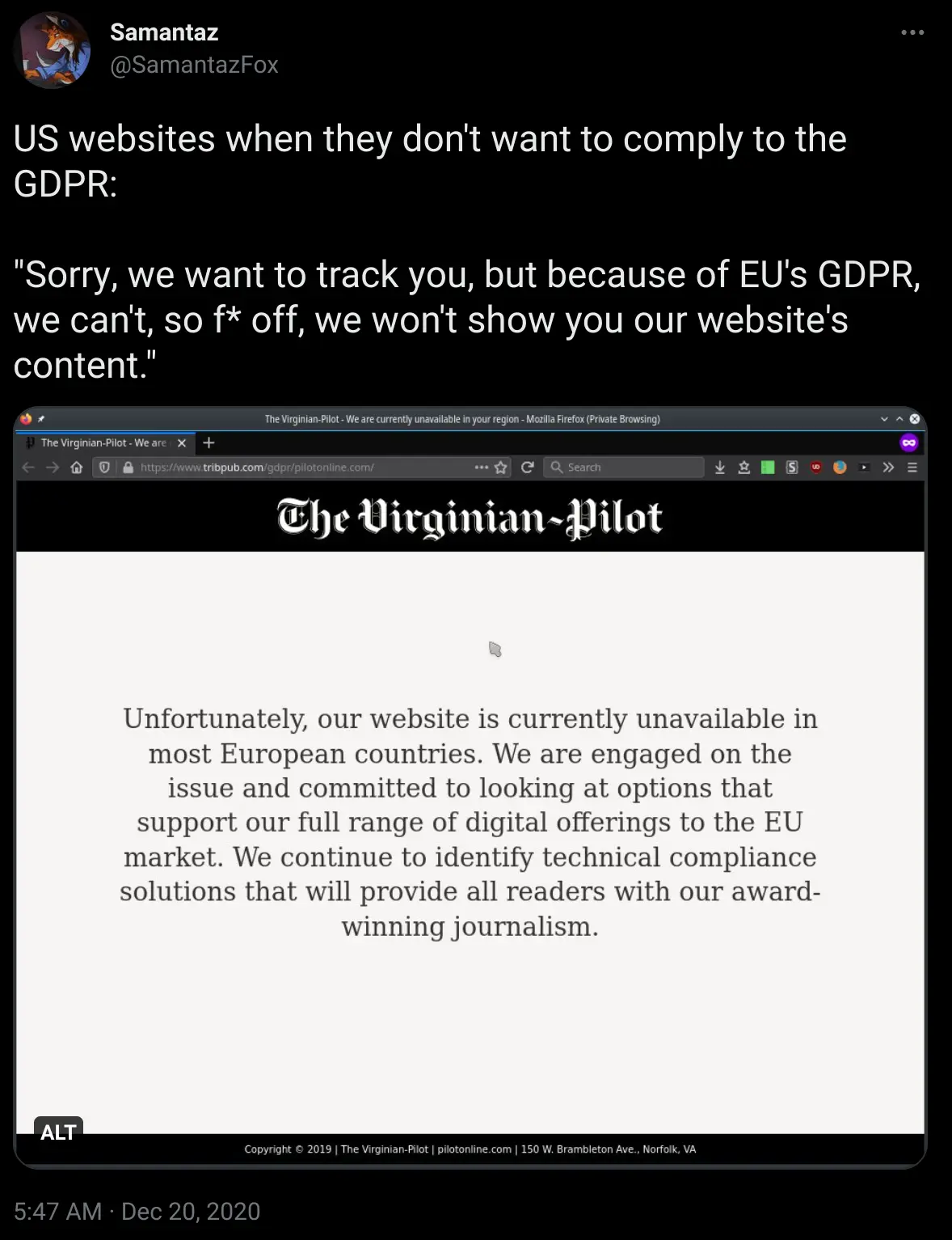 The Virginian-Pilot website: Unfortunately, our website is currently unavailable in most European countries. We are engaged on the issue and committed to looking at options that support our full range of digital offerings to the EU market. We continue to identify technical compliance solutions that will provide all readers with our award-winning journalism.